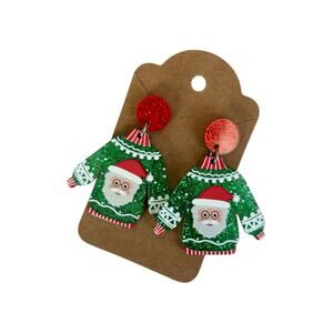 Acrylic Festive Glittery Santa Ugly Christmas Sweater Drop Earrings